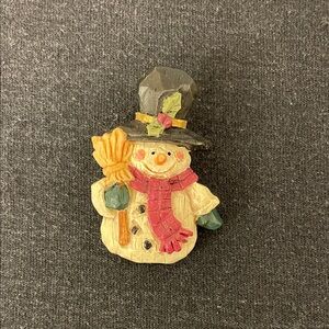 Hand-Painted Snowman Brooch with Top Hat and Broom